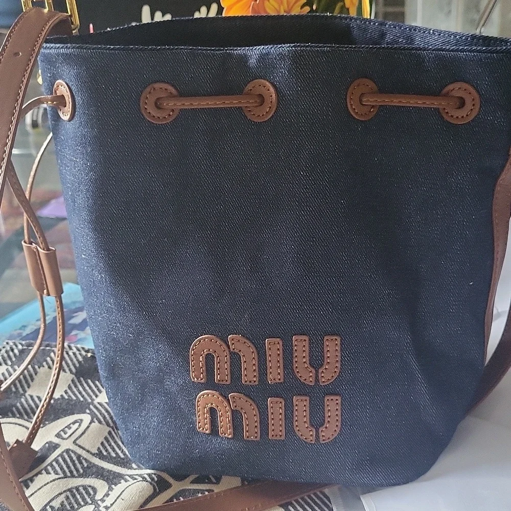 Designer  Same  Denim Bucket Bag with Brown Strap Dust Cover Unbraided